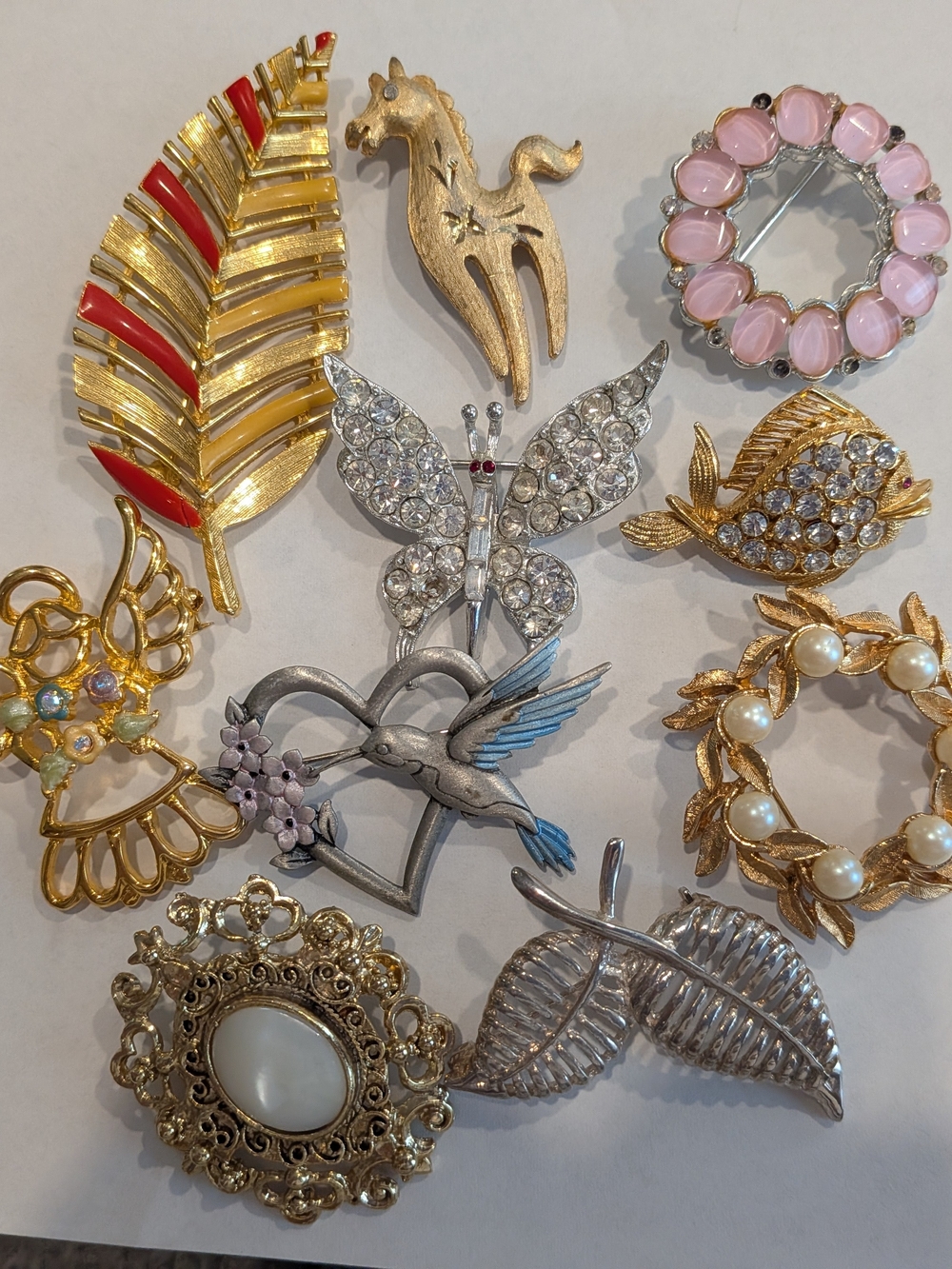 Gold and Pink Mixed Metal Jewelry Brooch Set 10 - Gold, Silver, Pink Accents